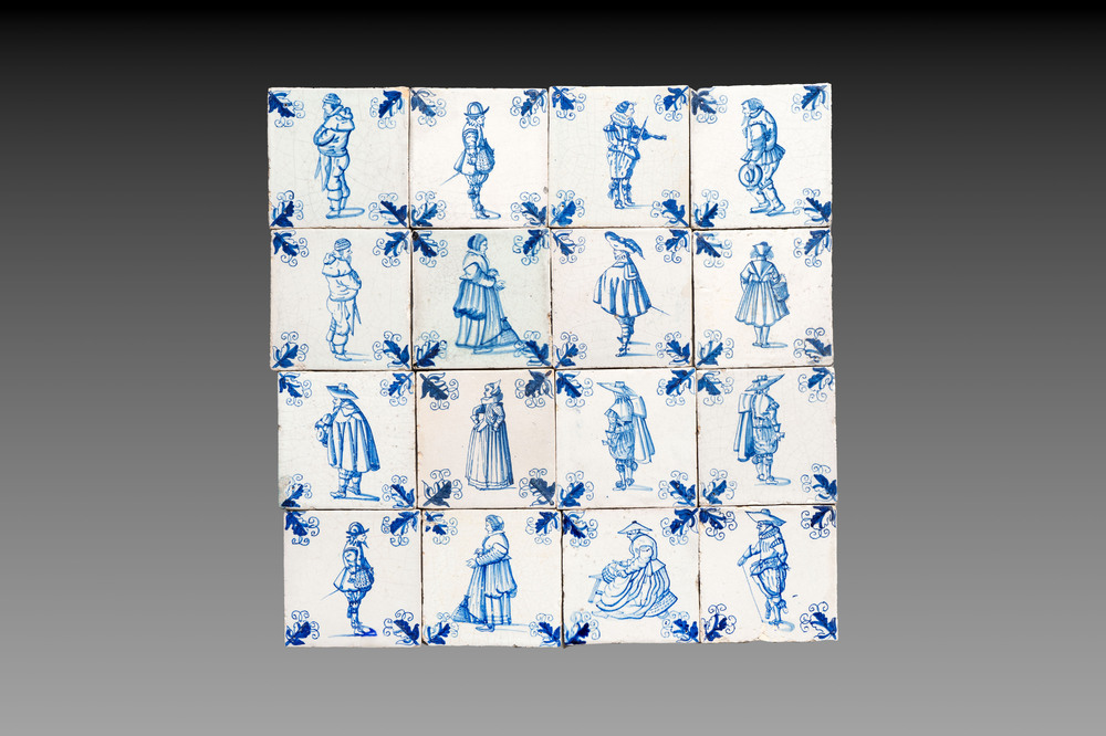 16 blue and white Dutch Delft tiles with oak leaf corners, 17th C.