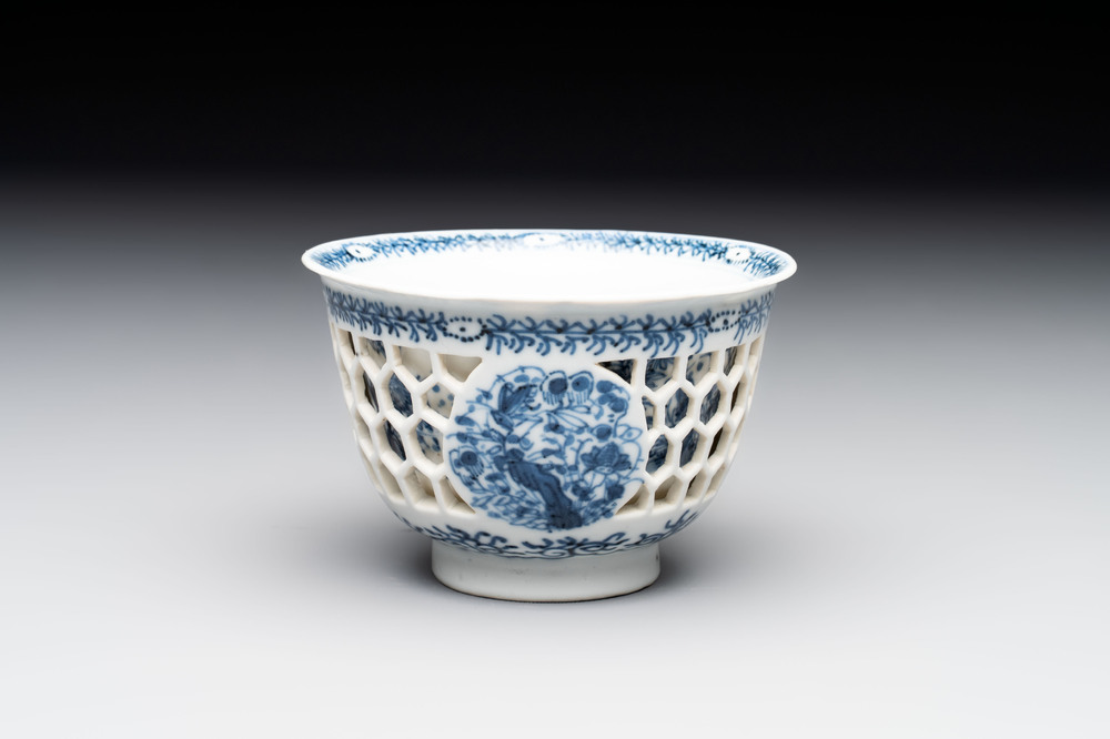 A Chinese blue and white reticulated double-walled cup, pearl mark, Kangxi
