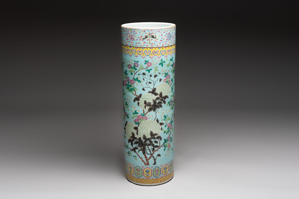 A massive Chinese famille rose turquoise-ground cylindrical vase with floral design, 19th C.