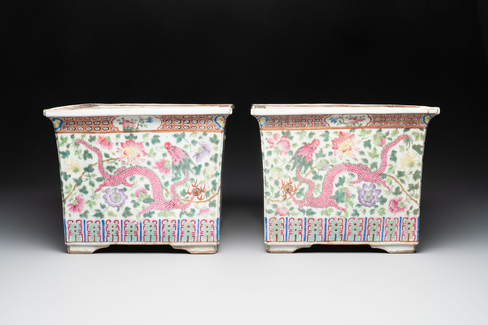 A pair of square Chinese famille rose 'dragon and phoenix' jardini&egrave;res, 19th C.