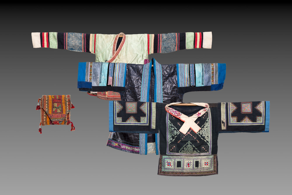 Three Chinese 'Miao' jackets and a pocket, 20th C.