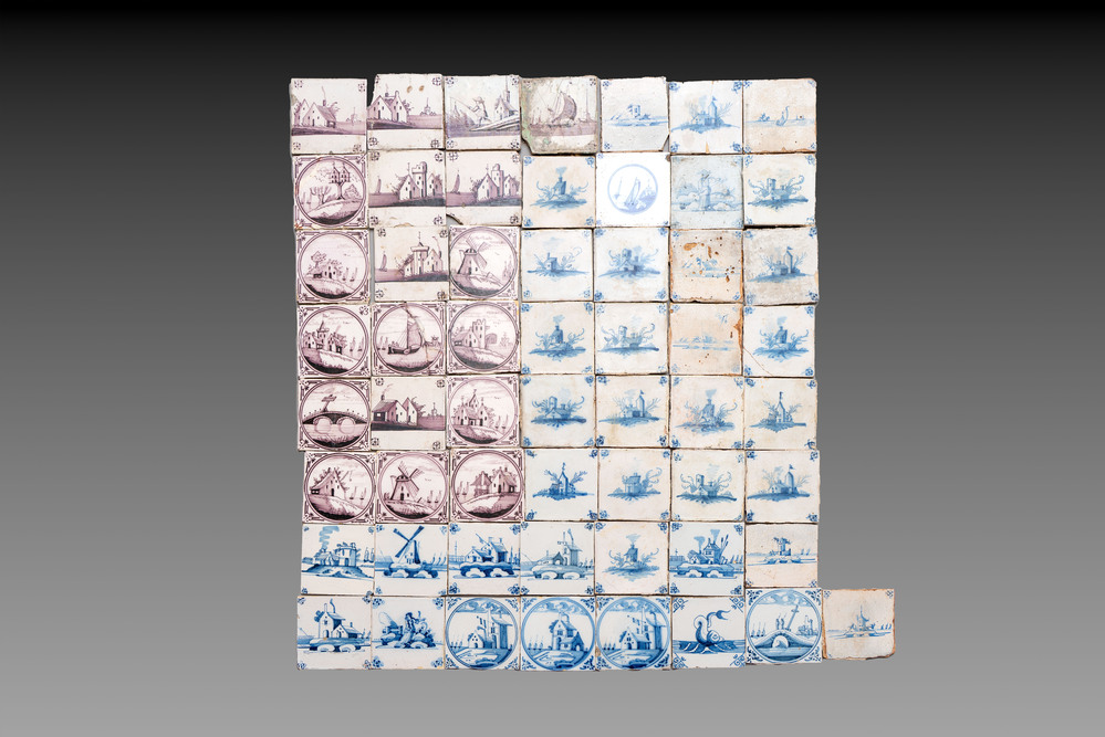 57 blue, white, and manganese Dutch Delft and Bruges tiles, including examples from the Pulinckx workshop, 18/19th C.