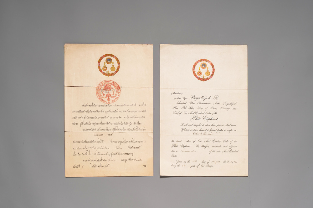 A bilingual Royal Thai Order of the 'White Elephant Award', signed by King Prajadhipok (Rama VII), dated 1929