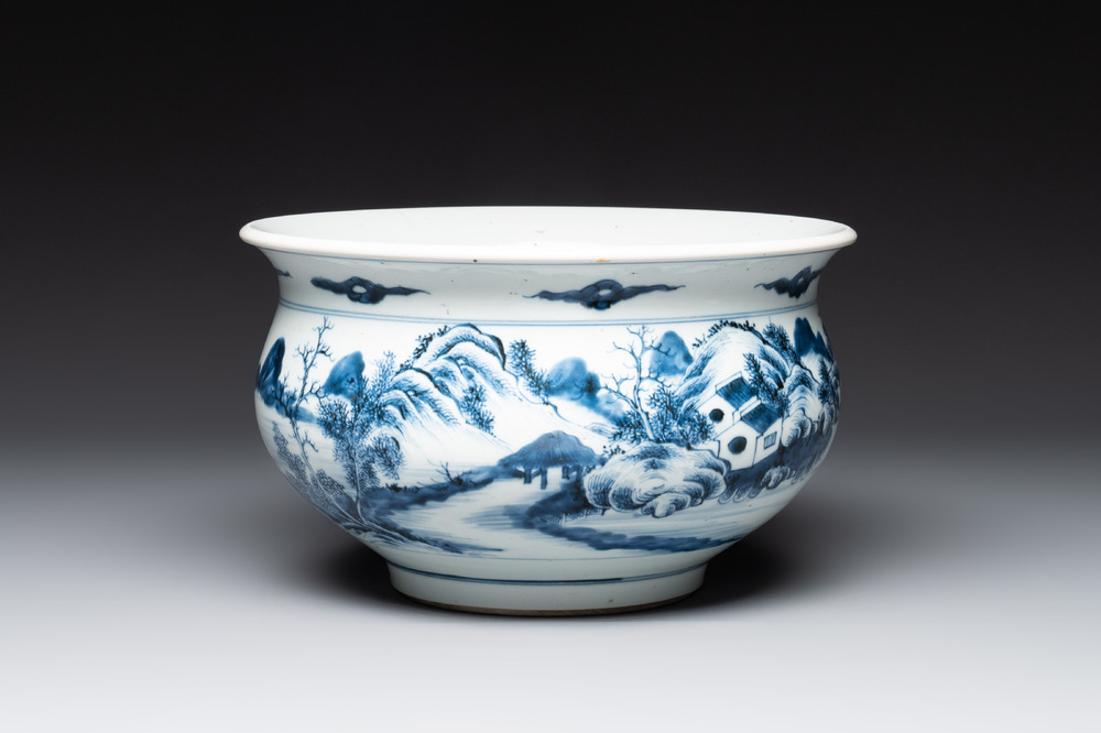 A Chinese blue and white 'riverscape' censer, 18th C.