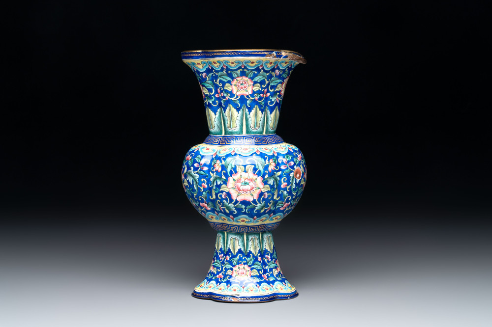 A Chinese Canton enamel blue-ground quadrifoil vase, Jiaqing
