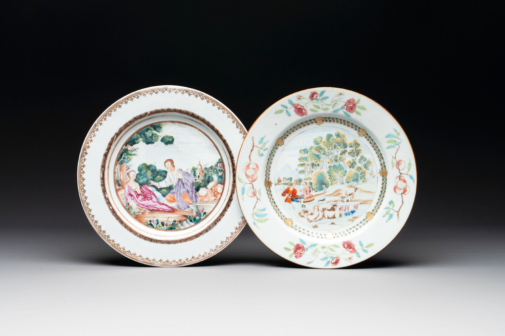 A Chinese famille rose plate depicting a scene from a fable by La Fontaine and a 'Shepherds' plate, Qianlong