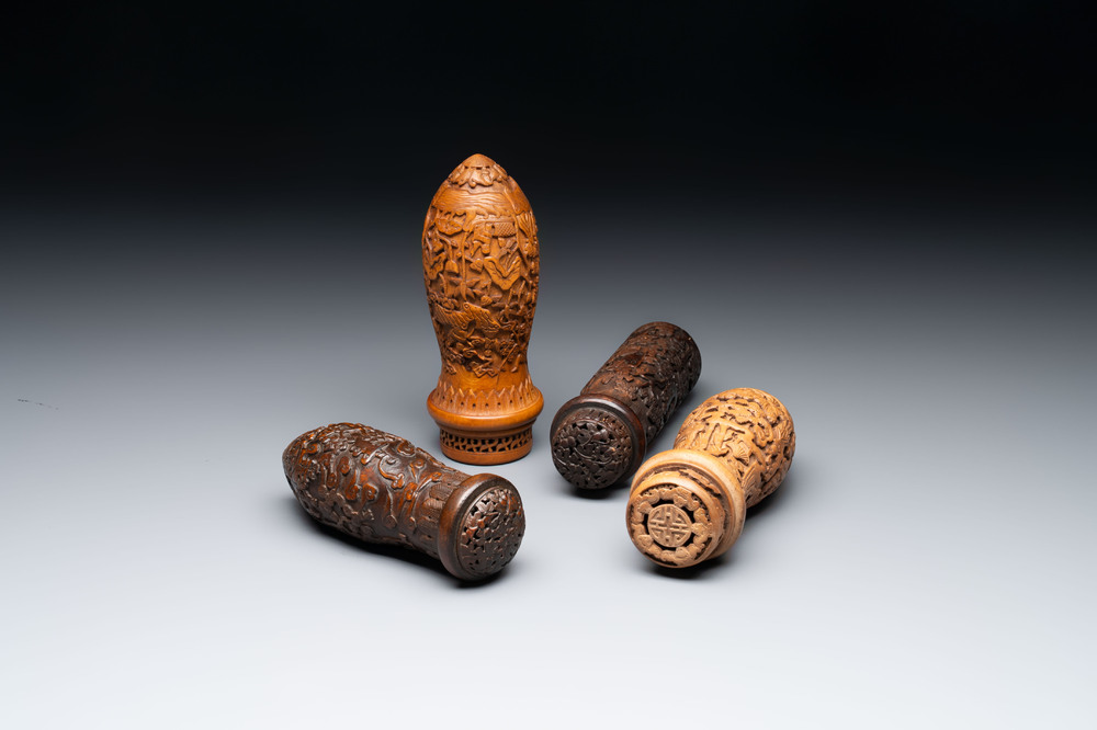 Four Chinese carved wooden cricket cages, 20th C.