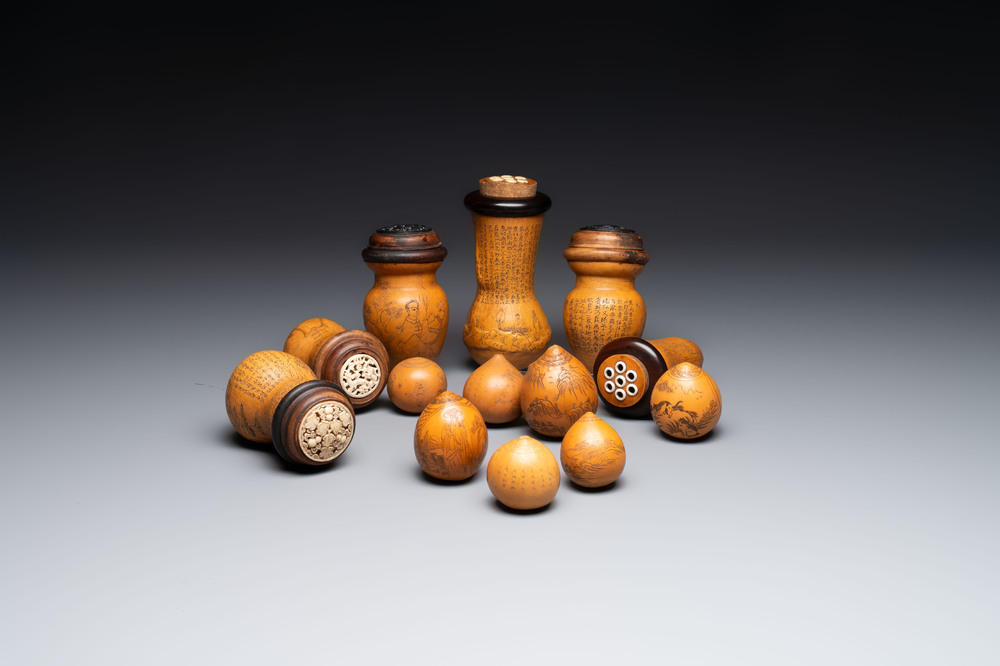 Six Chinese gourd cricket cages and seven carved gourds, 20th C.
