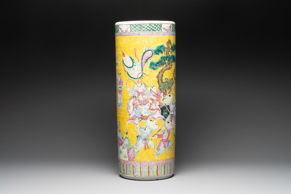 A large Chinese famille rose 'warriors on horseback' cylindrical vase, 19th C.