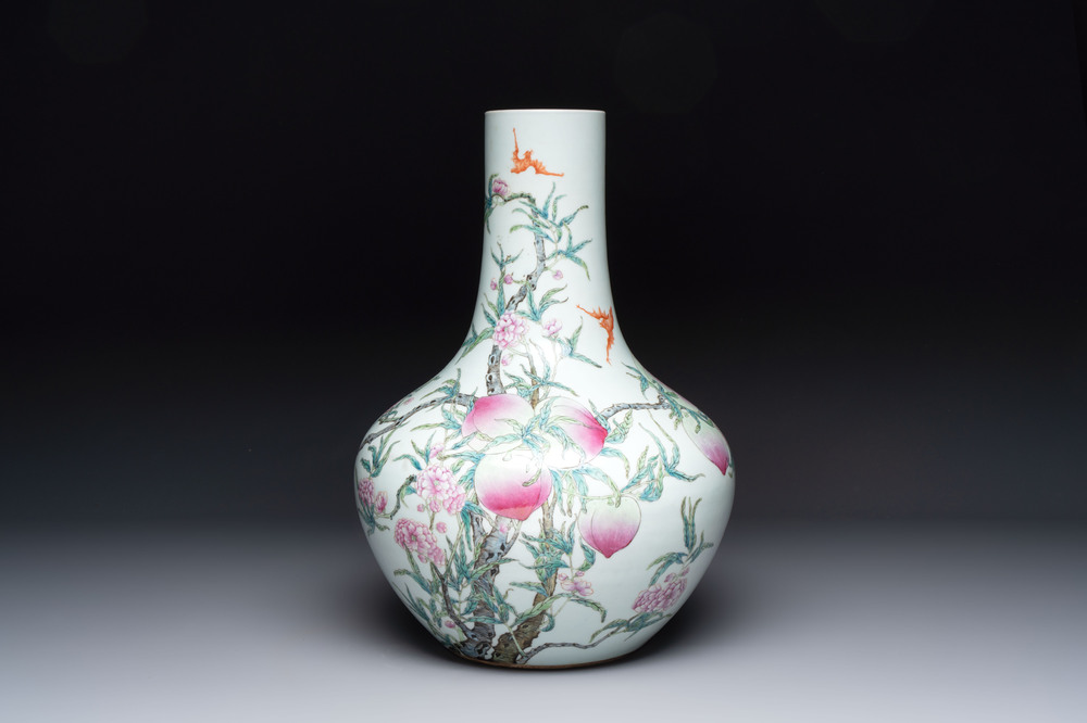 A Chinese famille rose 'nine peaches' 'tianqiuping' vase, Qianlong mark, 19/20th C.