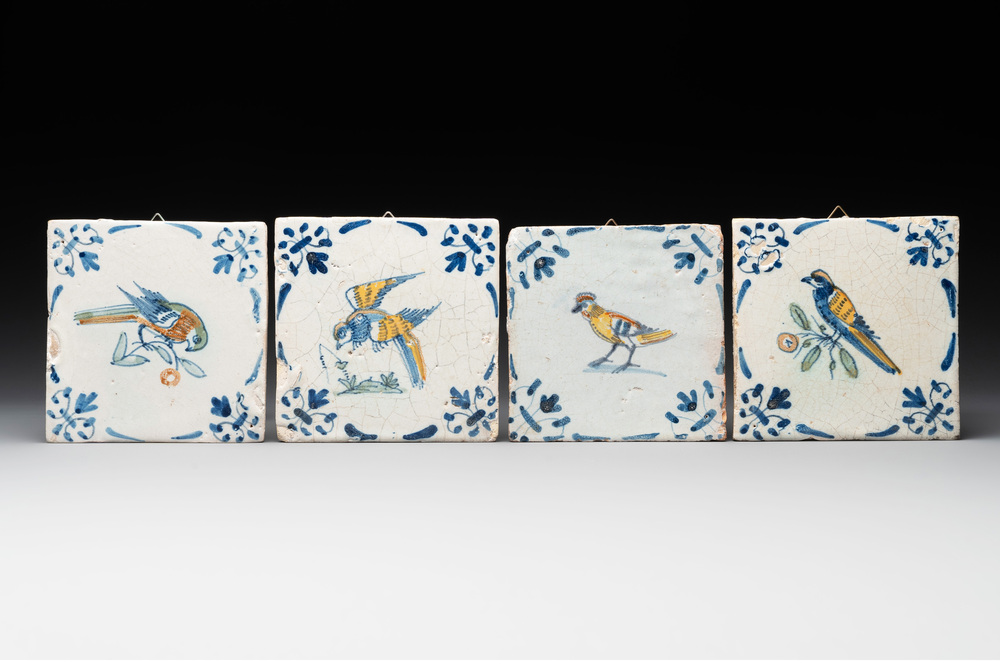 Four polychrome Dutch Delft 'bird' tiles, 17th C.