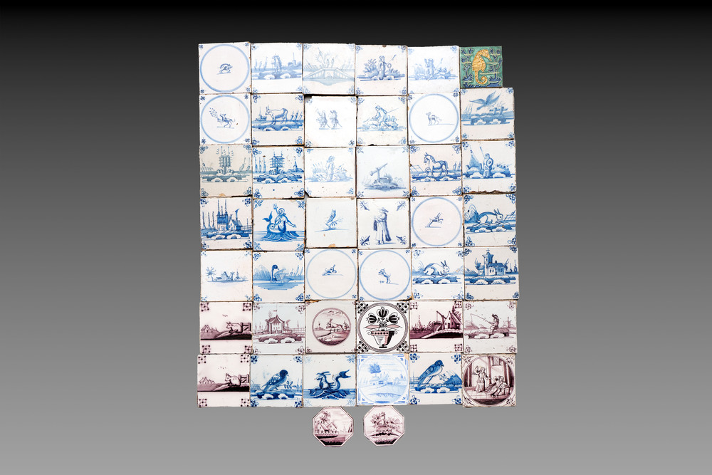 43 blue, white and manganese Dutch Delft tiles and one polychrome tile, 18th C. and later