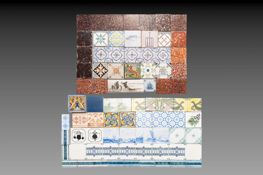 79 various blue, white, manganese and polychrome European tiles, 18/20th C.