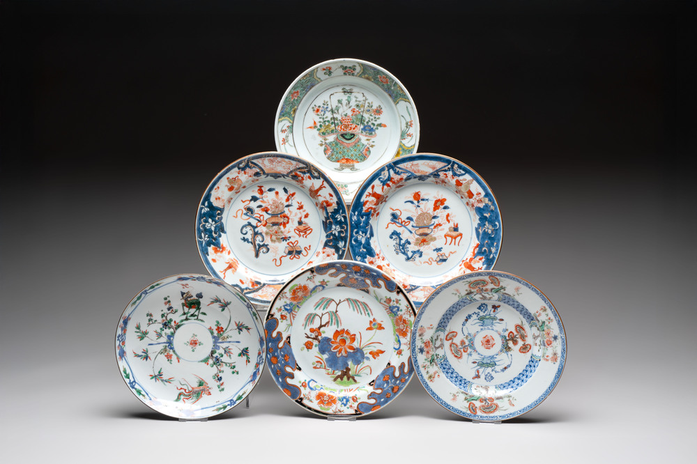 Six Chinese famille verte and Imari-style plates, Kangxi/Yongzheng