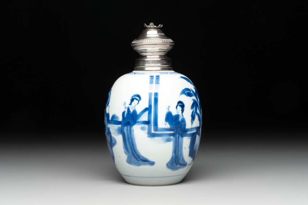 A Chinese blue and white 'Long Eliza' tea caddy with silver mount and cover, Kangxi