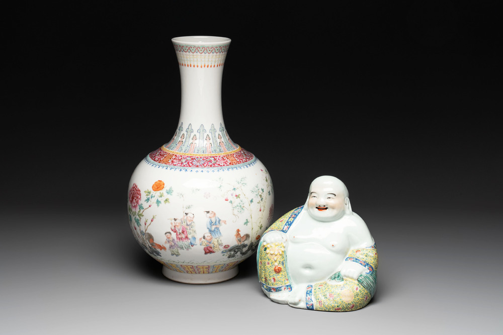A Chinese famille rose 'boys and roosters' vase and a Milefo Buddha, Guangxu and Zhu Mao Ji 朱茂記造 mark, 19/20th C.