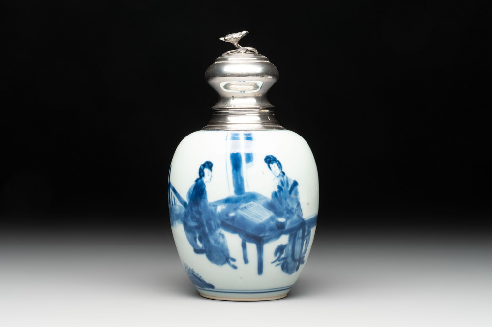 A Chinese blue and white 'Long Eliza' tea caddy with silver mount and cover, Kangxi