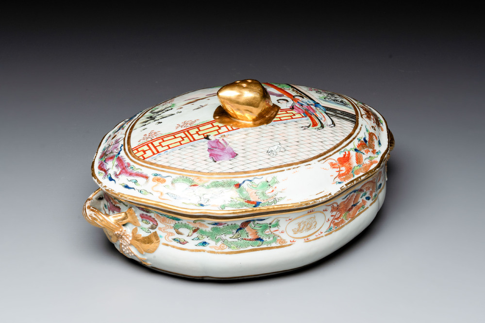 A Chinese Canton famille rose 'JFCB' monogrammed tureen and cover with narrative design, 19th C.