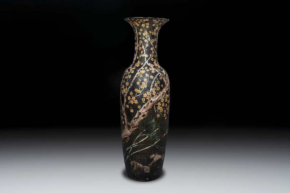 A massive Chinese famille noire 'prunus blossoms' vase, Kangxi mark, 19th C.