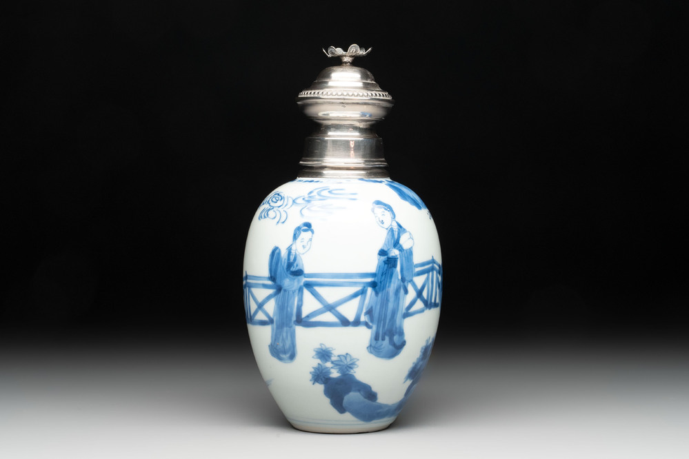A Chinese blue and white 'Long Eliza' tea caddy with silver mount and cover, Kangxi