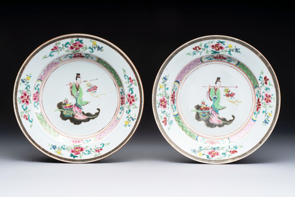 A pair of Chinese famille rose 'Lan Caihe' plates, Yongzheng