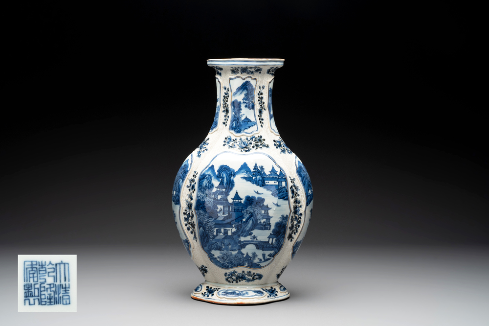 A Chinese blue and white vase depicting the Pearl River and the Whampoa Pagoda, Qianlong mark and of the period