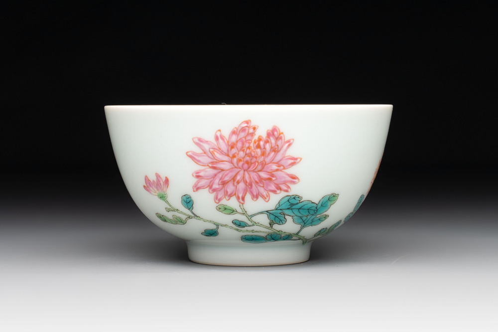 A fine Chinese famille rose 'peony' cup, Qianlong mark and of the period