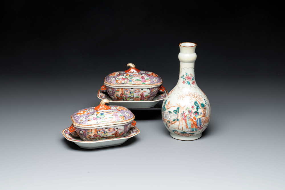 A pair of Chinese Canton famille rose 'mandarin subject' covered tureens and stands and a vase, Qianlong