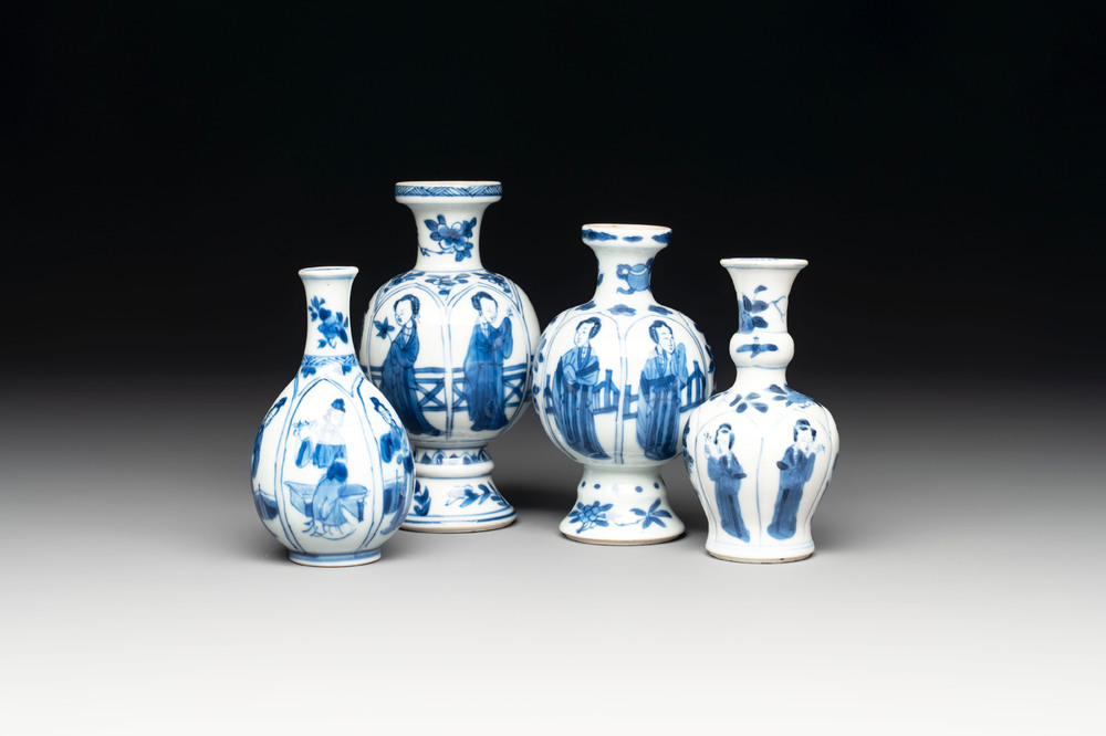 Four Chinese blue and white 'Long Eliza' miniature vases, Kangxi