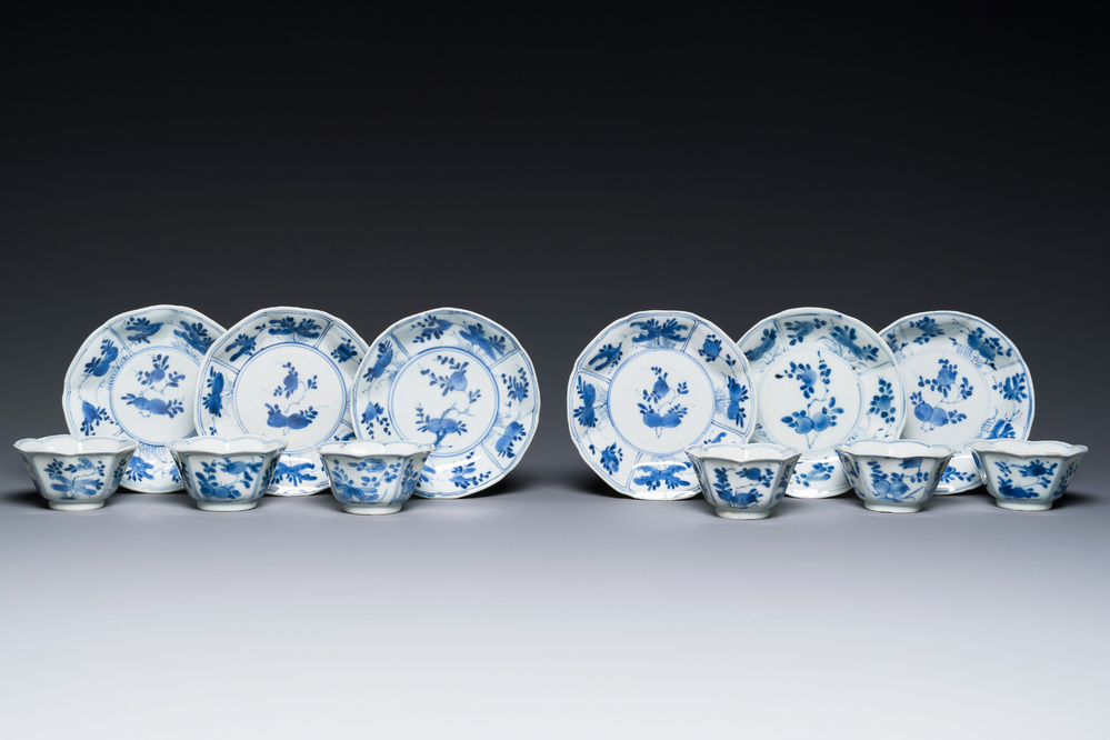 A set of six Chinese blue and white flower-shaped 'sanduo' cups and saucers, lingzhi mark, Kangxi