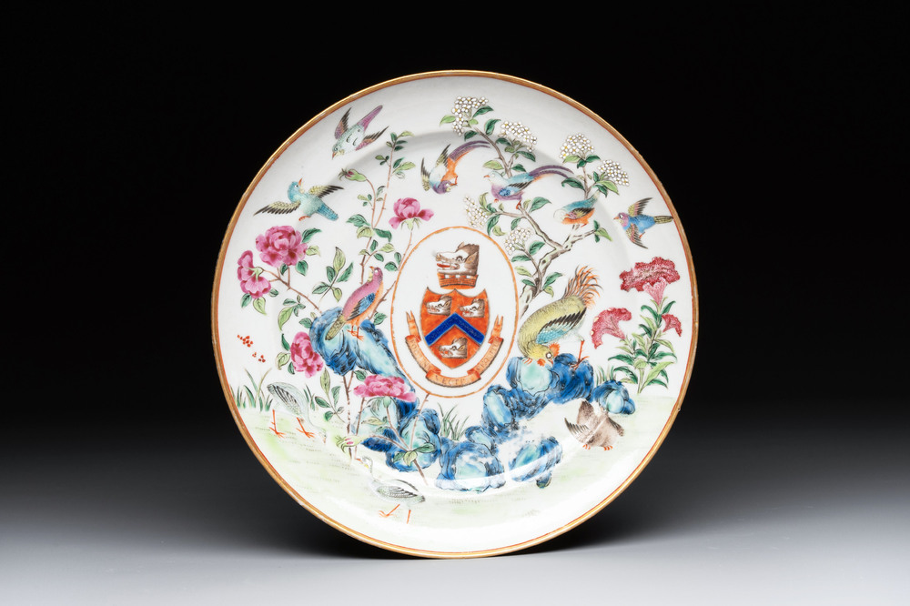 A rare Chinese Canton famille rose armorial plate with the arms of Wight, ca. 1810