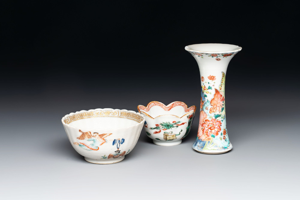 A Chinese famille rose 'tobacco leaf' vase, a pseudo-armorial cup and a famille verte cup, Kangxi/Qianlong