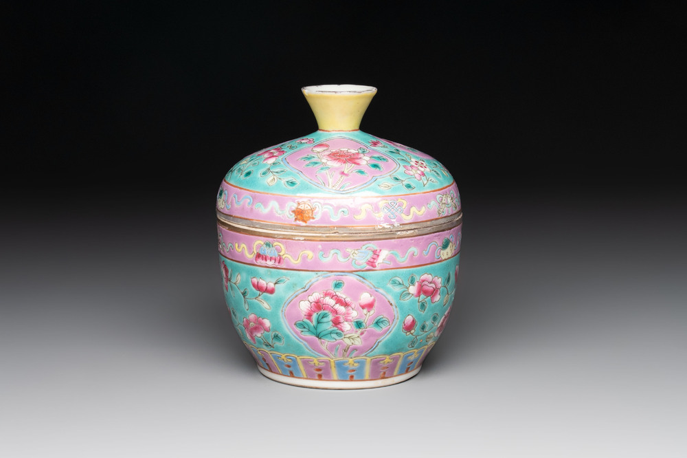 A Chinese famille rose turquoise-ground 'chupu' bowl and cover for the Straits or Peranakan market, 19th C.