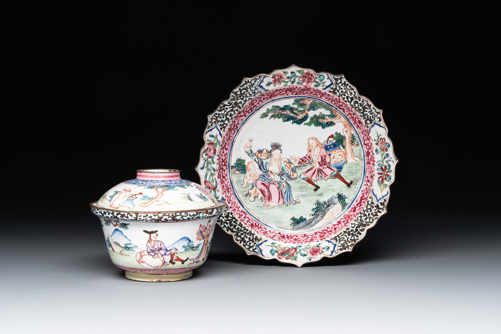A Chinese Canton enamel 'foreigners' bowl and cover and an 'erotical subject' plate, Yongzheng/Qianlong