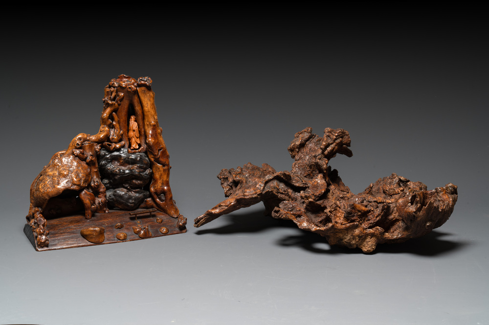A Chinese carved wooden group and a natural root sculpture, 20th C.