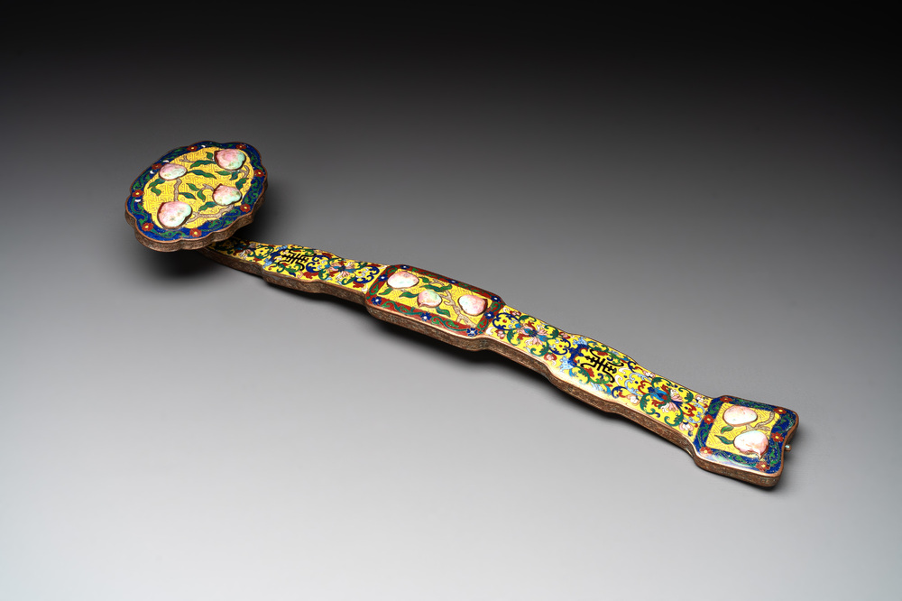 A Chinese cloisonn&eacute; yellow-ground 'peach and shou' ruyi sceptre, Republic