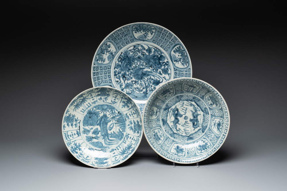 Three Chinese blue and white Swatow dishes, Ming