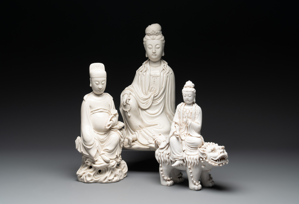 Three Chinese Dehua blanc de Chine figures of Guanyin and Wenchang, He Chaozong 何朝宗 and Dehua 德化 marks, 20th C.
