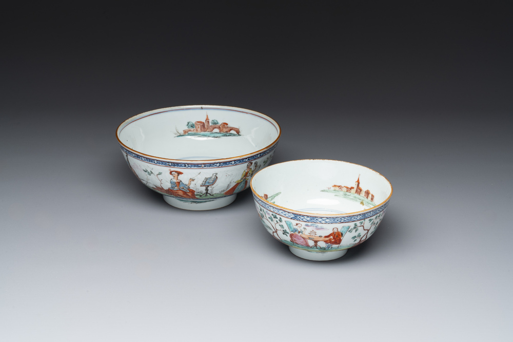Two Dutch-decorated Chinese blue and white bowls with figures and landscapes, Qianlong