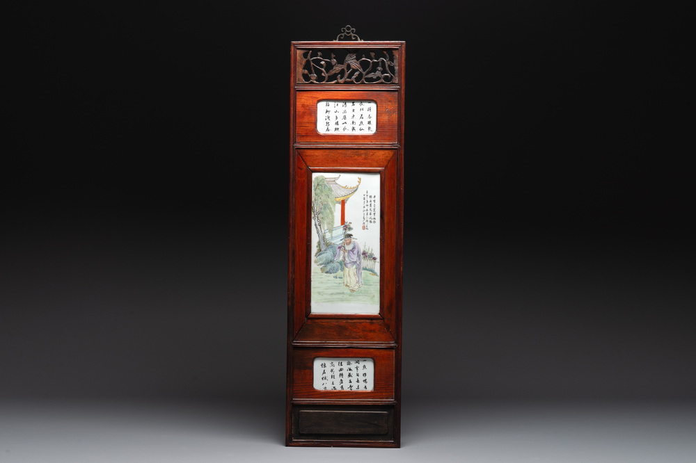 A Chinese carved wooden panel with famille rose plaques in the style of Wang Qi 王琦, dated 1932