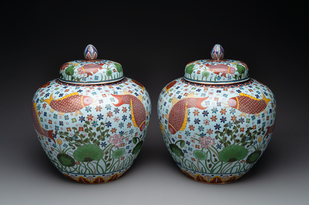 A pair of Chinese cloisonn&eacute; 'carps' vases and covers, Republic