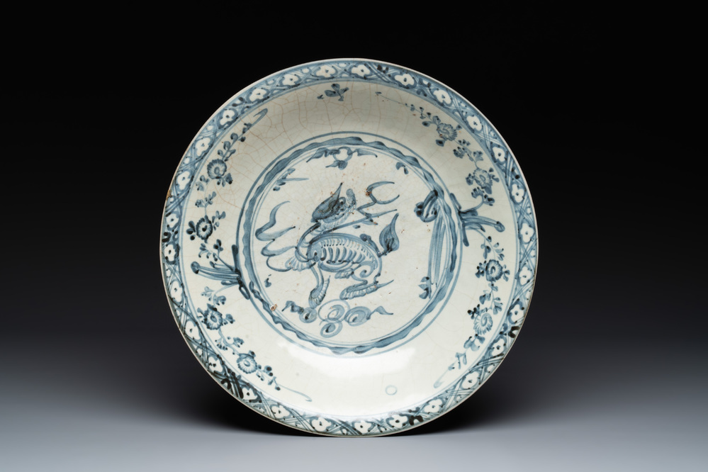 A Chinese Swatow blue and white 'qilin' dish, Ming