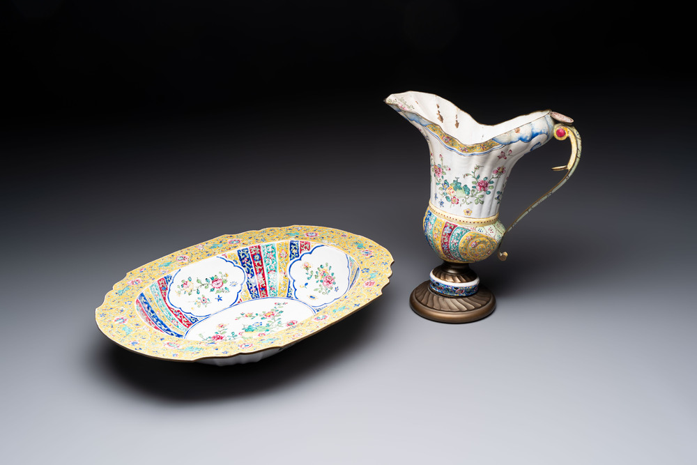 A Chinese Canton enamel helm-shaped ewer and an oval basin, Qianlong
