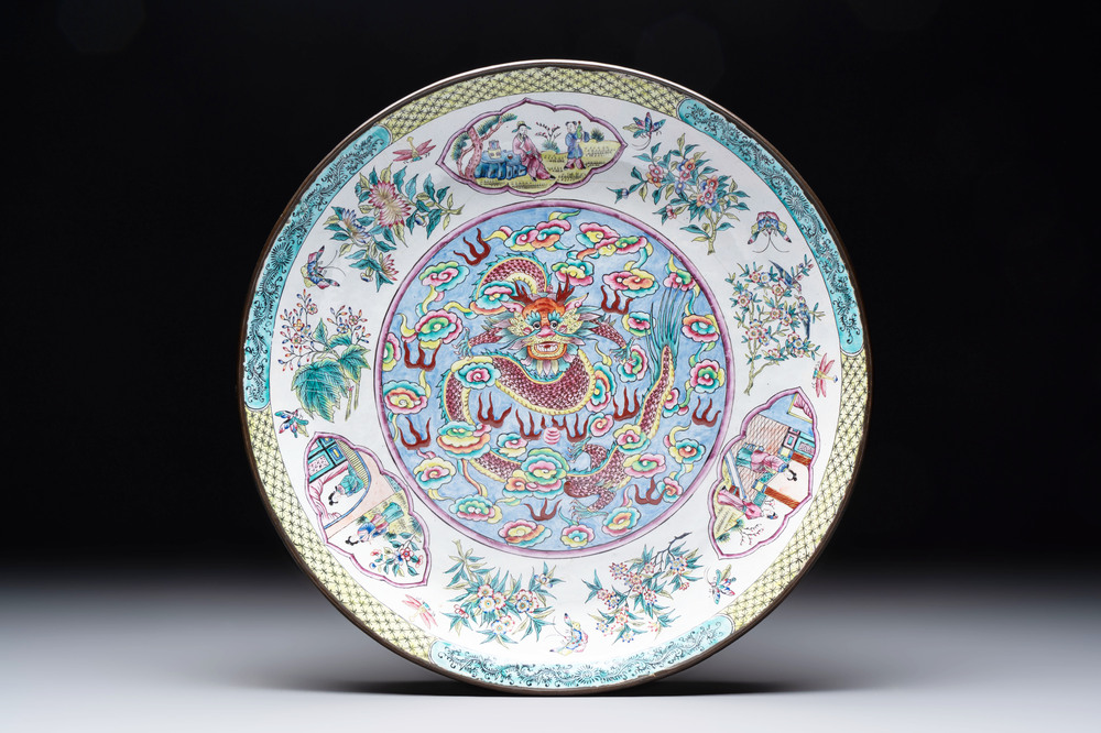 A Chinese Canton enamel 'dragon' dish, Kangxi mark, 19th C.