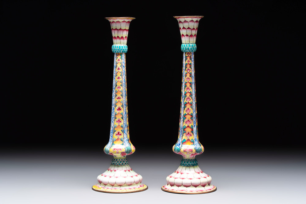 A pair of Chinese Canton enamel 'lotus' candlesticks, Yongzheng