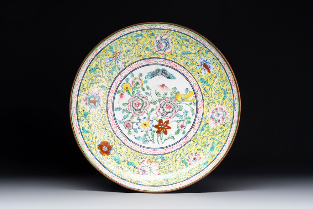 A Chinese Canton enamel 'sanduo' plate, Qianlong