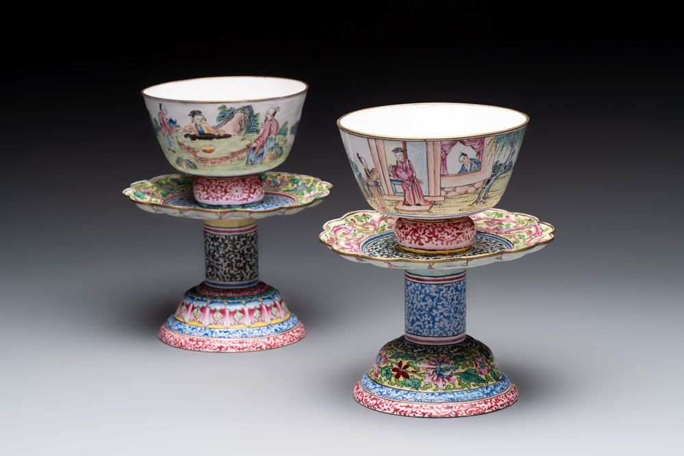 A pair of Chinese Canton enamel marriage bowls on stems, Yongzheng