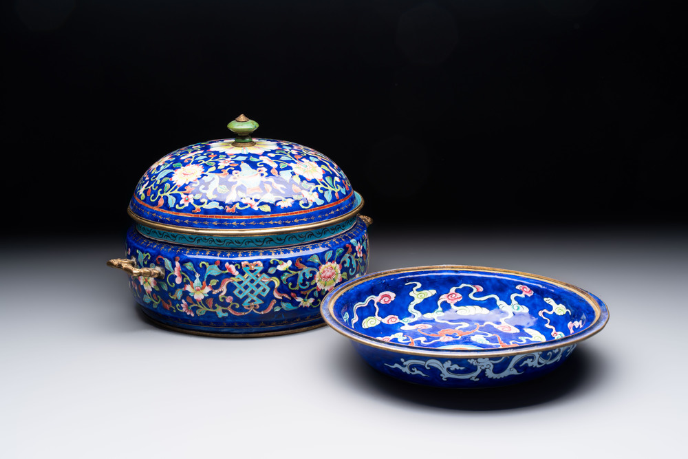 A Chinese Canton enamel three-piece warming bowl or tureen, Qianlong