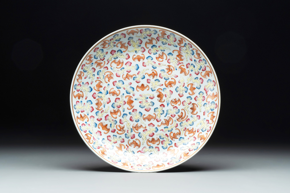 A Chinese famille rose 'bats among the clouds' dish, Guangxu mark, 20th C.