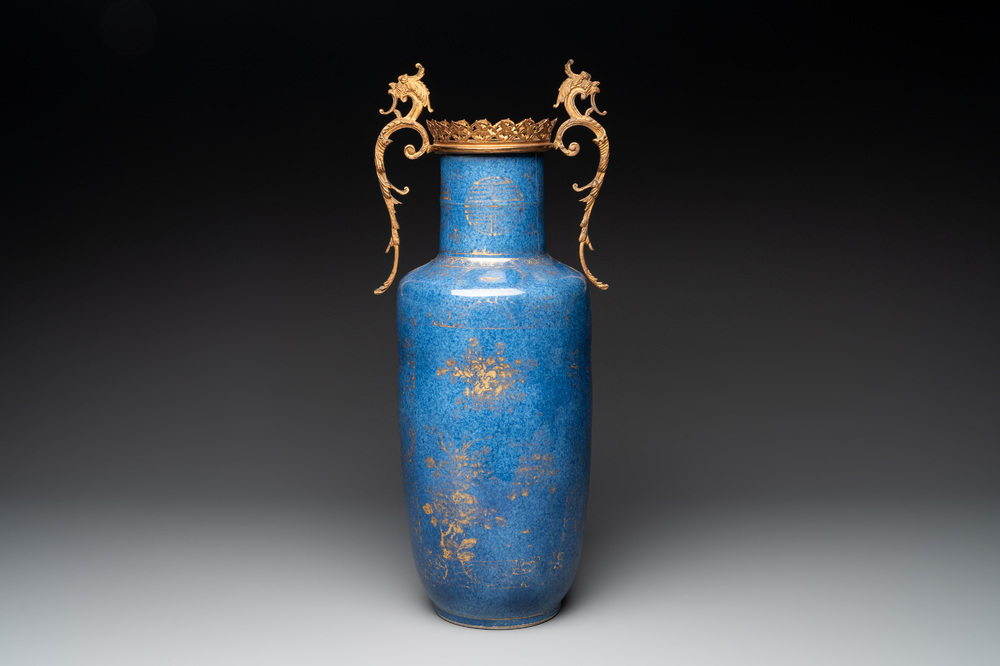 A Chinese gilt-decorated bronze-mounted powder-blue vase with floral design, Kangxi